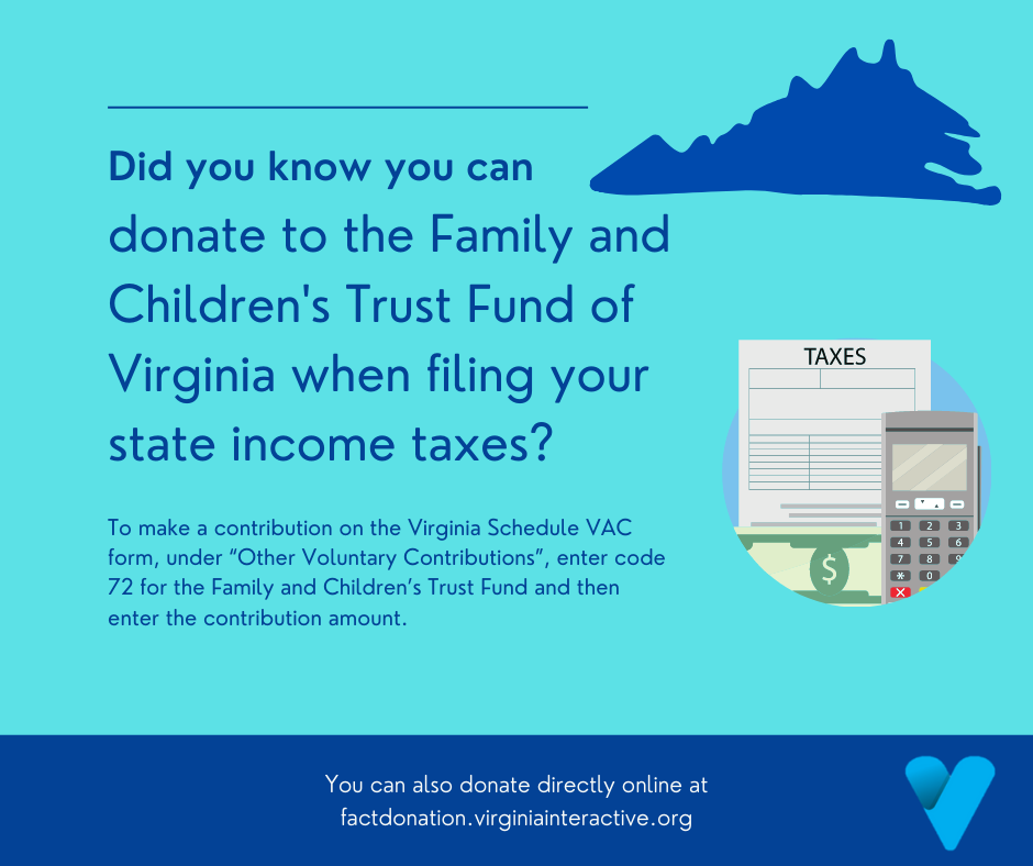 The image is a informational graphic with a light blue background and dark blue text. There is a dark blue graphic of Virginia in the upper right corner and and a graphic with a tax form, calculator, and dollar bill on the right-hand side